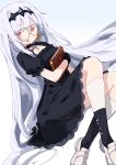  1girl :d black_dress black_gloves blue_background book choker commentary_request cross cross_choker dress glasses gloves headpiece highres holding holding_book long_hair looking_at_viewer red_eyes round_eyewear sitting smile solo totomono very_long_hair virtual_youtuber white_background white_footwear white_hair yokozuwari yumemi_channel yumemip 