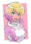  1girl aqua_eyes blonde_hair bodysuit border commentary electric_pot gradient_hair gwen_stacy gwenpool hood hood_down hooded_bodysuit marvel multicolored_hair open_mouth pink_bodysuit pink_hair short_hair solo teeth two-tone_bodysuit upper_body upper_teeth_only white_border 