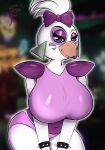  absurd_res anthro avian beak big_breasts bird breasts chicken clothing detailed_background digital_media_(artwork) female fennythefox five_nights_at_freddy&#039;s five_nights_at_freddy&#039;s:_security_breach galliform gallus_(genus) glamrock_chica_(fnaf) grin hi_res huge_breasts looking_at_viewer phasianid scottgames smile solo steel_wool_studios thick_thighs 