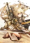  1girl animal_ear_fluff animal_ears arknights black_jacket black_shirt blonde_hair boots breasts brown_footwear ceobe_(arknights) commentary_request cross-laced_footwear dog_ears dog_girl dog_tail dual_wielding hair_between_eyes highres holding holding_sword holding_weapon jacket lace-up_boots long_hair long_sleeves looking_at_viewer medium_breasts parted_lips red_eyes shirt solo sword tail twitter_username v-shaped_eyebrows very_long_hair weapon yokaze_(yokajie) 