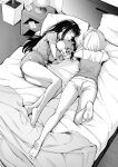 2girls :d ^_^ absurdres ass bare_legs barefoot bed blanket camisole clock closed_eyes commentary_request dolphin_shorts facing_another foot_up from_above full_body greyscale highres holding holding_stuffed_toy inoue_takina kitaku_jikan_(ktk_jkn) lamp long_hair lycoris_recoil lying monochrome multiple_girls nishikigi_chisato no_pants on_bed on_side on_stomach open_mouth pajamas panties pillow shirt_tucked_in short_hair short_sleeves shorts smile soles stuffed_toy toes underwear yuri 