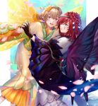  2girls ai_tkkm blonde_hair fairy_wings fire_emblem fire_emblem_heroes hair_between_eyes hair_over_one_eye holding_hands japanese_clothes kimono multiple_girls official_alternate_costume peony_(fire_emblem) peony_(new_year)_(fire_emblem) purple_eyes purple_hair siblings sisters triandra_(fire_emblem) triandra_(new_year)_(fire_emblem) wings yukata 