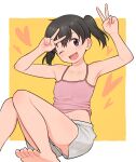  1girl ;d armpits arms_up bare_arms bare_shoulders barefoot black_hair blush border camisole collarbone commentary_request double_v flat_chest foot_out_of_frame grey_shorts happy heart heart_background highres kuraue_hinata looking_at_viewer meis_(terameisu) midriff navel one_eye_closed open_mouth orange_background outside_border pink_camisole purple_eyes short_hair shorts sitting smile solo sweat toes twintails v white_border yama_no_susume 