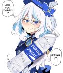  1girl blue_eyes blue_headwear bottle commentary furina_(genshin_impact) genshin_impact gloves hat highres hinghoi holding holding_bottle looking_at_viewer short_hair smile solo speech_bubble top_hat water_bottle white_gloves white_hair 