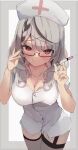  1girl alternate_costume black_hair blush border braid breasts cleavage commentary_request cross dress garter_straps glasses grey_border grey_hair grey_thighhighs hair_ornament hat highres holding holding_syringe hololive kote11272424 large_breasts looking_at_viewer medium_hair multicolored_hair nurse nurse_cap red_cross red_eyes sakamata_chloe semi-rimless_eyewear side_braid smile solo streaked_hair syringe thighhighs virtual_youtuber white_background white_dress white_headwear x_hair_ornament 