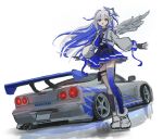  1girl 2_fast_2_furious :o amane_kanata black_gloves black_shirt black_skirt black_socks blue_hair blue_thighhighs boots colored_inner_hair floating_hair gloves grey_footwear grey_hair grey_jacket halo highres hololive jacket long_hair multicolored_hair nissan_skyline nissan_skyline_gt-r nissan_skyline_r34 open_mouth partially_fingerless_gloves purple_eyes shirt shiyo_tsubame single_sock single_thighhigh sketch skirt socks solo spoiler_(automobile) star_halo the_fast_and_the_furious thighhighs virtual_youtuber 