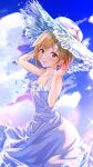  1girl aiba_yumi arm_up bare_shoulders blonde_hair blue_dress blue_sky blush breasts brown_eyes cleavage cloud collarbone cowboy_shot dot_nose dress from_side gradient_sky hand_up hat highres idolmaster idolmaster_cinderella_girls idolmaster_cinderella_girls_starlight_stage looking_at_viewer medium_breasts nagmilk open_mouth short_hair sky sleeveless sleeveless_dress smile solo sparkle splashing standing straw_hat sundress white_headwear 