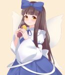  1girl :t blue_bow blue_dress blue_ribbon blunt_bangs blush bow brown_background brown_hair closed_mouth commentary_request cowboy_shot dress eating food frilled_shirt_collar frills hair_bow hands_up highres holding holding_food light_smile long_hair looking_at_viewer neck_ribbon p.w. ribbon sidelocks simple_background solo star_sapphire sweet_potato touhou very_long_hair wide_sleeves yellow_eyes 