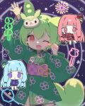  3girls arm_up blue_hair blunt_bangs blush_stickers character_mask checkered_sash chibi chibi_inset clenched_hand commentary_request cowboy_shot fireworks floral_print flower_knot green_kimono hand_up hands_in_opposite_sleeves heart heart-shaped_pupils highres howahowa_kanmiryou japanese_clothes kimono kotonoha_akane kotonoha_aoi looking_at_viewer mask multiple_girls obi odorobo_(neutrino) one_eye_closed pink_eyes pink_hair print_kimono purple_eyes sash short_kimono short_yukata starry_background symbol-shaped_pupils tareme voiceroid voicevox wide_sleeves yukata zundamon 