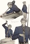  1boy animal_print ball belt billiard_ball blue_shirt closed_eyes collared_shirt cue_stick highres holding_cue_stick jujutsu_kaisen leaning_forward leopard_print long_sleeves male_focus nanami_kento necktie pool_table shirt short_hair solo standing table upper_body yoreyore 