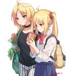  2girls absurdres blonde_hair drinking enferverge highres ijichi_nijika ijichi_seika looking_at_another multiple_girls school_uniform tote_bag 