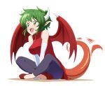  1girl 4joukioto black_pants breasts china_dress chinese_clothes draco_centauros dragon_tail dragon_wings dress elbow_gloves fangs gloves green_eyes green_hair horns large_breasts looking_ahead madou_monogatari open_mouth pants pointy_ears puyopuyo red_dress red_footwear red_wings short_hair simple_background sitting solo tail tail_wagging white_background white_gloves white_horns wings 