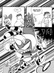  ^_^ angry anthro charmy_bee clothed clothing crossdressing dialogue english_text espio_the_chameleon eyelashes eyes_closed fat_human gloves handwear high_heel_shoes human insult knife male mammal monochrome motion_lines open_mouth overweight overweight_male panties sega shocked smile sonic_the_hedgehog_(series) teeth_showing text underwear vector_the_crocodile visor weapon wig yuski 