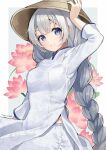  1girl :3 alternate_costume binchou_maguro blue_eyes border braid breasts chinese_clothes closed_mouth clothing_request commentary_request cowboy_shot floral_background flower grey_background grey_hair hand_on_headwear hat highres kizuna_akari light_smile long_hair long_sleeves looking_at_viewer lotus mandarin_collar medium_breasts outside_border pants rice_hat shirt side_slit sleeves_past_elbows solo twin_braids twitter_username very_long_hair vocaloid voiceroid white_border white_pants white_shirt 