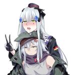  2girls absurdres anger_vein black_jacket blue_headwear blunt_bangs blush brown_eyes commentary commission cross_hair_ornament drooling drunk english_commentary facial_mark g11_(girls&#039;_frontline) german_flag girls&#039;_frontline green_eyes green_headwear green_jacket grey_hair grey_tank_top hair_between_eyes hair_ornament head_on_head head_rest highres hk416_(girls&#039;_frontline) jacket long_hair long_sleeves multiple_girls open_mouth simple_background suprii tank_top two-tone_gloves v white_background white_hair 