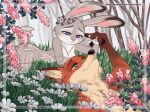  anthro aralyre artist_name brown_body brown_fur canid canine clothed clothing digital_media_(artwork) dipstick_ears disney dress duo eye_contact female flower fox fur gloves_(marking) grass green_eyes grey_body grey_fur hi_res judy_hopps lagomorph leporid looking_at_another male mammal markings multicolored_ears nick_wilde orange_body orange_fur plant purple_eyes rabbit red_fox smile text url white_body white_fur zootopia 