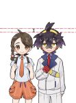  1boy 1girl absurdres ahoge arrow_(symbol) black_hair blue_shirt blush braid breast_pocket brown_eyes brown_hair closed_mouth collared_shirt colored_inner_hair commentary_request gloves hair_between_eyes height_difference highres jacket juliana_(pokemon) kieran_(pokemon) kyouka._(kyouka) long_sleeves mole mole_on_neck multicolored_hair necktie orange_necktie orange_shorts partially_fingerless_gloves pocket pokemon pokemon_(game) pokemon_sv red_gloves red_necktie school_uniform shirt shorts single_glove smile strap white_background white_jacket white_shirt yellow_eyes 