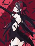  1girl akemi_homura akuma_homura back_cutout black_dress black_feathers black_gloves black_hair black_panties bow clothing_cutout cropped_legs dress elbow_gloves feathers from_side gloves hair_bow hair_ribbon highres long_hair looking_at_viewer mahou_shoujo_madoka_magica mahou_shoujo_madoka_magica:_hangyaku_no_monogatari outstretched_arms panties profile purple_eyes red_background red_bow red_ribbon ribbon riuriumagi side_cutout solo spread_arms standing underwear 