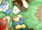  2023 anthro bear belly blue_body blush canid canine canis clothing cover detailed_background domestic_dog felid green_bell group humanoid_hands hyena kemono lying male mammal overweight overweight_male pantherine shirt tiger topwear 