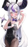  1girl absurdres animal_ears armpits blush bow bowtie breasts detached_collar fake_animal_ears fishnet_pantyhose fishnets flying_sweatdrops green_tea_(greente42869067) grey_hair highres hololive horns la+_darknesss long_hair looking_at_viewer multicolored_hair open_mouth pantyhose playboy_bunny purple_hair rabbit_ears simple_background small_breasts tail two-tone_hair very_long_hair virtual_youtuber white_background wrist_cuffs 