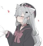  1girl 1other absurdres ahoge animal_ear_fluff animal_ears bandaid bandaid_on_face bandaid_on_nose belt_collar closed_mouth collar fenrir_(fenriluuu) flying_sweatdrops grey_hair hat heart highres long_hair long_sleeves multiple_hairpins original puckered_lips ribbon rir-chan sailor_collar shirt shirt_tug white_background white_shirt wolf_ears wolf_girl 