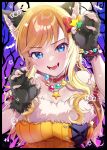  1girl animal_ears bare_shoulders bead_bracelet bead_necklace beads blonde_hair blue_eyes blush bracelet breasts choker claw_pose cleavage collarbone fangs fingerless_gloves fur-trimmed_shirt fur_gloves fur_trim gloves halloween_costume highres idolmaster idolmaster_cinderella_girls jewelry long_hair looking_at_viewer medium_breasts nako_narita necklace official_alternate_costume ohtsuki_yui open_mouth orange_shirt red_choker shirt smile solo wavy_hair wolf_ears 