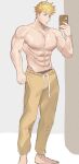  1boy abs bara barefoot blonde_hair brown_pants fuucha81 granblue_fantasy green_eyes highres holding holding_phone large_pectorals male_focus male_underwear male_underwear_peek muscular muscular_male navel nipples pants pectorals phone short_hair solo topless_male underwear vane_(granblue_fantasy) 