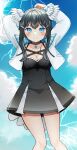  &gt;:) 1girl arms_behind_head arms_up black_choker black_dress black_hair blue_eyes blue_hair blue_sky blush breasts choker cleavage closed_mouth cloud collarbone commentary cropped_jacket day dress electricity feathered_wings hair_ornament hairclip head_wings highres indie_virtual_youtuber jacket kurata_rine kuratarine long_hair long_sleeves looking_at_viewer medium_breasts multicolored_hair open_clothes open_jacket outdoors sky smile solo symbol-only_commentary two-tone_hair v-shaped_eyebrows virtual_youtuber white_jacket white_wings wings 