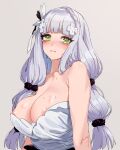  1girl acaa areola_slip bare_shoulders blurry blurry_background blush breasts cleavage collarbone crying crying_with_eyes_open frown girls&#039;_frontline green_eyes hair_ornament hair_scrunchie hk416_(girls&#039;_frontline) hk416_(starry_cocoon)_(girls&#039;_frontline) large_breasts long_hair looking_at_viewer official_alternate_costume scrunchie solo tears upper_body 