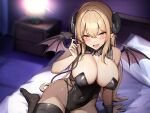  1girl absurdres black_leotard black_thighhighs blonde_hair blurry blurry_background blush breasts cleavage covered_navel covered_nipples cross-laced_clothes demon_girl demon_horns demon_tail demon_wings detached_collar double-parted_bangs fang hair_between_eyes highleg highleg_leotard highres holding_own_tail horns indoors keman large_breasts leotard long_hair looking_at_viewer non-web_source on_bed original pink_eyes pointy_ears sidelocks sitting skin_fang solo strapless strapless_leotard tail thighhighs wings 