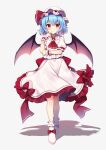  1girl ascot bat_wings blue_hair bow footwear_bow frilled_skirt frills hat highres mob_cap red_ascot red_eyes red_ribbon remilia_scarlet ribbon ruhika shadow skirt solo standing touhou white_footwear wings 