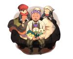  1girl 2boys akari_(pokemon) beanie bow bowtie chair closed_eyes coat collared_shirt commentary_request cushion cyndaquil facial_hair hat head_scarf highres jacket laventon_(pokemon) mira_(miramita8727) multiple_boys on_lap oshawott pants pokemon pokemon_(creature) pokemon_(game) pokemon_legends:_arceus pokemon_on_lap purple_headwear rei_(pokemon) rowlet scarf shirt sidelocks sleeping starter_pokemon_trio stubble vest white_headwear 