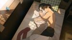  1boy 1girl absurdres bird black_hair black_pants brown_hair chinese_commentary closed_eyes commentary_request eren_yeager hetero highres hug hug_from_behind lens_flare lying mikasa_ackerman niku_(ni23ku) on_side pants pillow red_scarf scarf shingeki_no_kyojin sleeping topless_male twitter_username unworn_scarf 