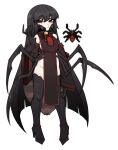  1girl arthropod_girl black_footwear black_hair black_recluse_(terraria) boots breasts bug claws detached_sleeves english_commentary hair_between_eyes highres long_hair looking_at_viewer monster_girl nyong_nyong pale_skin pelvic_curtain personification petite red_eyes reference_inset simple_background small_breasts spider spider_girl terraria thigh_boots very_long_hair white_background wide_sleeves 