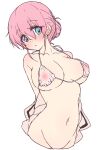  1girl bare_shoulders bikini blue_eyes blush bocchi_the_rock! breasts cleavage collarbone commentary_request cropped_torso gotou_michiyo hair_between_eyes hair_bun halterneck highres large_breasts looking_at_viewer mature_female mel_(melty_pot) micro_bikini navel nipples pink_hair see-through simple_background single_hair_bun solo swimsuit white_background white_bikini 