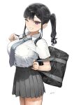  1girl bag black_hair breasts collared_shirt commentary_request gaki_kyonyuu grey_necktie grey_skirt highres holding holding_bag kaedeko_(kaedelic) large_breasts looking_at_viewer necktie one_eye_closed pleated_skirt purple_eyes sasaki_miyuki_(kaedeko) school_bag school_uniform shirt side_ponytail sidelocks signature simple_background skirt smile solo standing thighs white_background white_shirt 