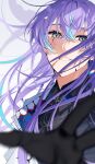  1boy absurdres aqua_eyes aqua_hair black_gloves black_shirt blurry chain_necklace collared_shirt cracked_skin crossed_bangs depth_of_field double-parted_bangs gloves hair_between_eyes highres hoshirube_sho jacket jewelry long_hair looking_at_viewer male_focus michikake16 multicolored_hair necklace nijisanji parted_lips reaching reaching_towards_viewer shirt simple_background single_sleeve smile solo streaked_hair tentacles upper_body virtual_youtuber white_background white_jacket 