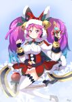  1girl :&lt; basukechi belt blue_hair capelet cleo_(dragalia_lost) dagger dragalia_lost fur_trim hat hat_bell highres holding holding_dagger holding_knife holding_weapon knife long_hair long_sleeves looking_at_viewer multicolored_hair navel official_alternate_costume pink_eyes pink_hair red_headwear santa_hat skirt snowflakes solo thighhighs twintails two-tone_hair weapon white_skirt white_thighhighs 