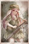  1girl absurdres animal_ears artist_name border bullet combat_helmet dated english_text full_metal_jacket green_headwear green_shirt green_skirt gun helmet highres long_hair looking_at_viewer m60 machine_gun military_uniform peace_symbol purple_hair pzgr.40 rabbit_ears rabbit_girl red_eyes reisen_udongein_inaba shirt skirt smile solo thighhighs touhou uniform vietnam_war weapon white_border white_thighhighs zettai_ryouiki 