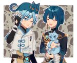  2boys animal animal_on_head animal_print asymmetrical_hair blue_eyes blue_fur blue_hair cat cat_on_head cat_print chinese_clothes chongyun_(genshin_impact) closed_eyes earrings fingerless_gloves frilled_shirt_collar frilled_sleeves frills genshin_impact gloves highres holding holding_animal jewelry light_blue_hair long_sleeves male_focus multiple_boys nga_(ngchyk) on_head one_eye_closed open_mouth orange_eyes short_sleeves simple_background single_earring smile tassel tassel_earrings too_many too_many_cats upper_body xingqiu_(genshin_impact) 