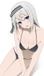  1girl absurdres bikini black_bikini black_hairband blue_eyes breasts cleavage collarbone coro_fae grey_hair hairband head_tilt highres kaguya-sama_wa_kokurasetai_~tensai-tachi_no_renai_zunousen~ long_hair looking_at_viewer medium_breasts open_mouth paid_reward_available shirogane_kei simple_background sitting smile solo swimsuit white_background 