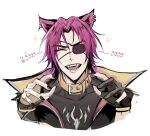  1boy animal_ears belt_collar black_gloves black_jacket black_nails black_shirt cat_ears closed_eyes collar earrings eyepatch fangs fingerless_gloves fingernails gao gloves heartsteel_kayn highres jacket jewelry kayn_(league_of_legends) light_blush male_focus nail_polish open_mouth parted_bangs purple_hair shirt single_fingerless_glove smile solo upper_body zyrophin 