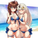  2girls ahoge arthur_ko bare_arms bare_legs bare_shoulders bikini black_ribbon blonde_hair blue_bikini blue_eyes blush braid breasts brown_hair closed_mouth collarbone cosplay cowboy_shot front-tie_bikini_top front-tie_top groin hair_between_eyes hair_flaps hair_ornament hair_ribbon hairclip highres kantai_collection long_hair looking_at_viewer medium_breasts multiple_girls navel red_eyes ribbon shigure_(kancolle) shigure_kai_san_(kancolle) shigure_kai_san_(kancolle)_(cosplay) single_braid smile swimsuit thigh_strap yuudachi_(kancolle) yuudachi_kai_ni_(kancolle) 