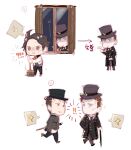  3boys achan_(blue_semi) benson_moretti black_suit broom cane chibi dunn_smith highres holding holding_broom holding_smoking_pipe klein_moretti lord_of_the_mysteries multiple_boys receding_hairline shirt smoking smoking_pipe suit sweeping white_shirt window 