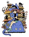  1girl :o air_conditioner animal_hat aqua_footwear aqua_shorts baseball_cap black_cat black_shirt blue_cat blue_headwear blue_sleeves blush_stickers bright_pupils brown_eyes brown_hair building cat cat_hat chimney commentary_request dot_nose fish_bone_print fly_agaric full_body garouma hat highres hug looking_at_viewer loose_socks medium_hair mushroom original outdoor_unit parted_lips print_headwear radio_antenna raglan_sleeves shirt shoes short_shorts short_sleeves shorts signature simple_background sitting smoke sneakers socks solo t-shirt translation_request white_background white_pupils white_socks 