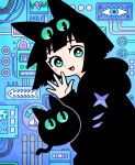  1girl :3 animal_ears aqua_eyes black_hair black_hoodie blue_theme blunt_bangs blunt_ends blush_stickers bright_pupils cable cat cat_ears commentary_request dot_nose extra_eyes fish_skeleton_print garouma gauge hand_up heart highres hood hood_down hoodie industrial_pipe long_sleeves looking_at_viewer looking_to_the_side open_mouth original short_hair signature smile solo white_pupils 