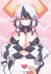  1girl animal_ears animal_hands black_hair blush breasts cleavage closed_mouth cow_ears cow_girl cow_horns demon_girl demon_horns disgaea evil_eye_(disgaea) flying_sweatdrops gold_horns highres horns huge_breasts huge_horns inkerton-kun large_breasts looking_at_viewer love_letter lovestruck makai_senki_disgaea_6 monster_girl multicolored_eyes pink_background slit_pupils solo upper_body white_hair wide-eyed 