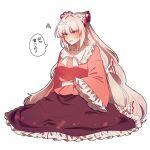  1girl absurdres blush bow bowtie brown_skirt cosplay frilled_skirt frills fujiwara_no_mokou grey_hair hair_bow highres houraisan_kaguya houraisan_kaguya_(cosplay) long_hair long_sleeves looking_at_viewer open_mouth pink_shirt red_eyes shirt simple_background skirt solo somei_ooo speech_bubble squiggle sweatdrop touhou translation_request very_long_hair white_background white_bow white_bowtie wide_sleeves 