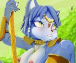  anthro armor blue_body blue_fur blue_hair blush breasts canid canine clothed clothing erect_nipples female fox fur green_eyes hair jewelry krystal looking_away mammal nahadon nintendo nipples out_of_frame sitting smile solo staff star_fox topless 