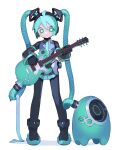  1girl absurdres aqua_eyes aqua_necktie aqua_skirt black_footwear boots bright_pupils cable_hair cheri_zao closed_mouth collared_shirt detached_sleeves dot_mouth electric_guitar expressionless full_body guitar hatsune_miku hatsune_miku_(vocaloid3) highres holding holding_instrument instrument long_hair long_sleeves looking_at_viewer miniskirt necktie pleated_skirt robot robot_girl see-through see-through_sleeves shirt simple_background skirt solo standing straight-on tachi-e twintails very_long_hair vocaloid white_background white_pupils 